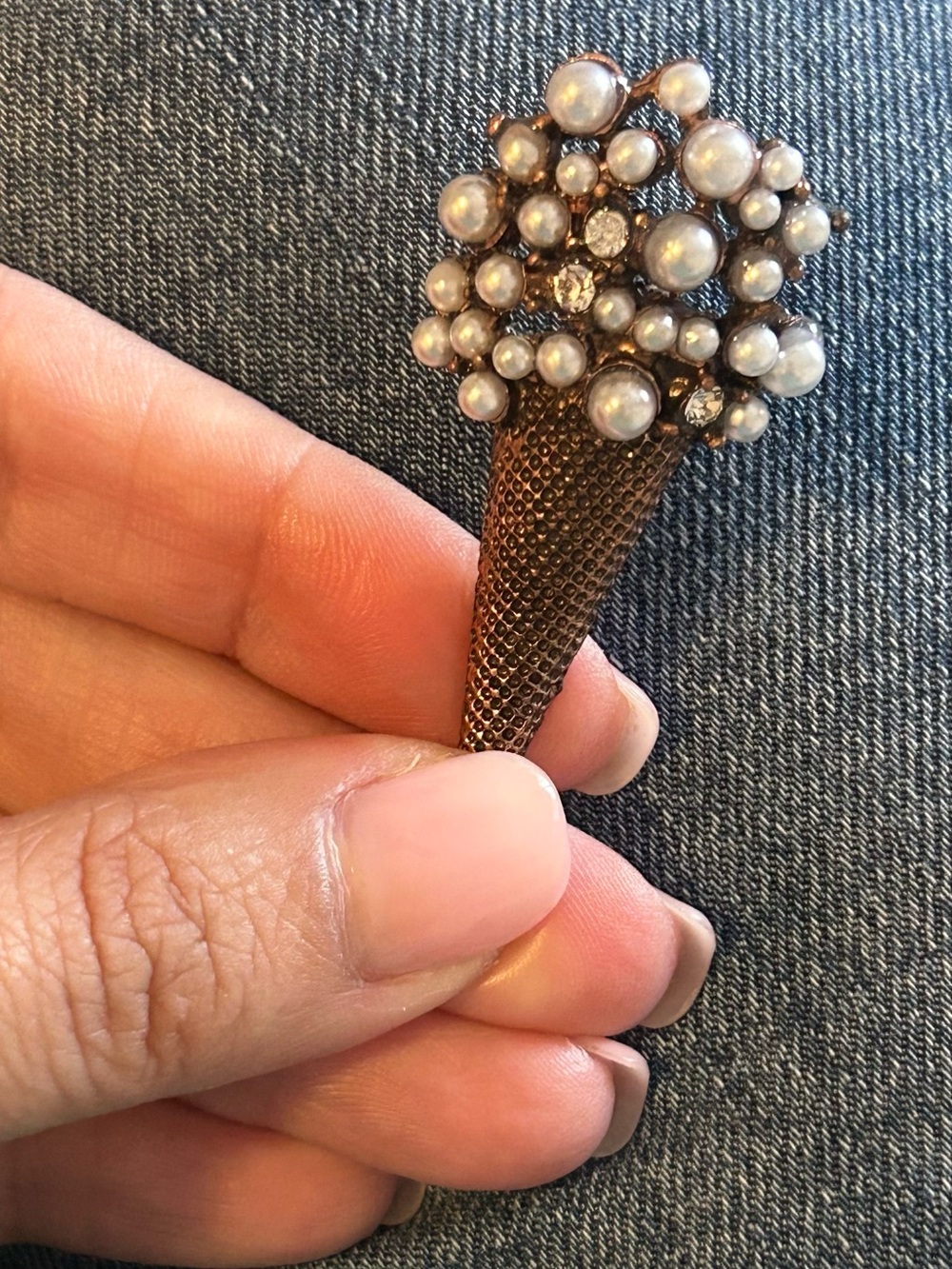 Vintage-Inspired Pearl and Crystal Ice Cream Cone Brooch in Bronze